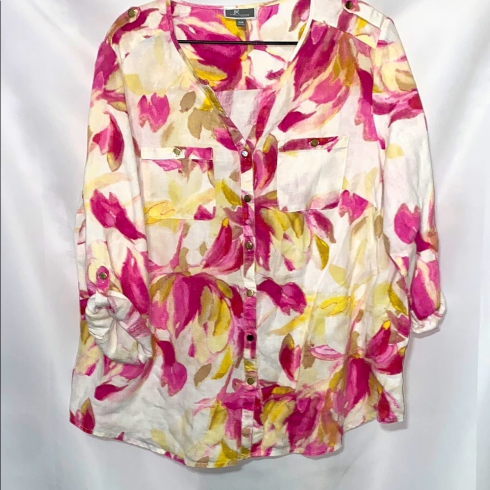 JM COLLECTIONS WO SIZE 16‎ W 100% Linen top gold button down pink yellow floral